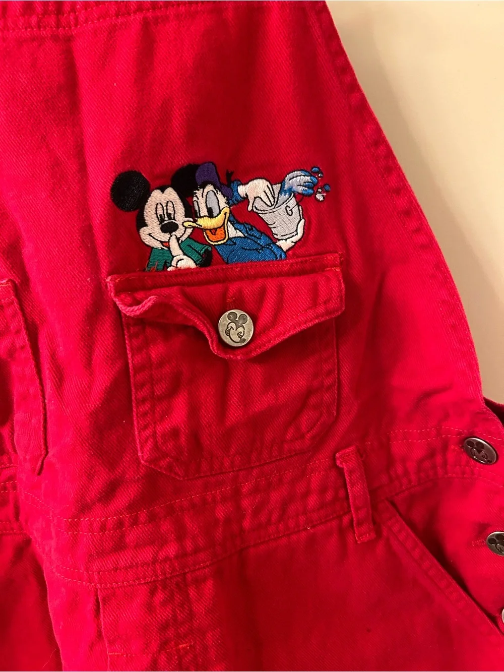 Vintage Disney Mickey Mouse Red Denim Embroidered Shortalls Overalls Wmn’s Sz L